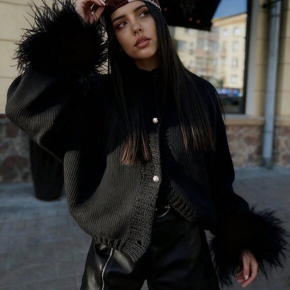 Black Festive Women's Furry Cuffs Metal Buttons Cardigan - Picture 9 of 11